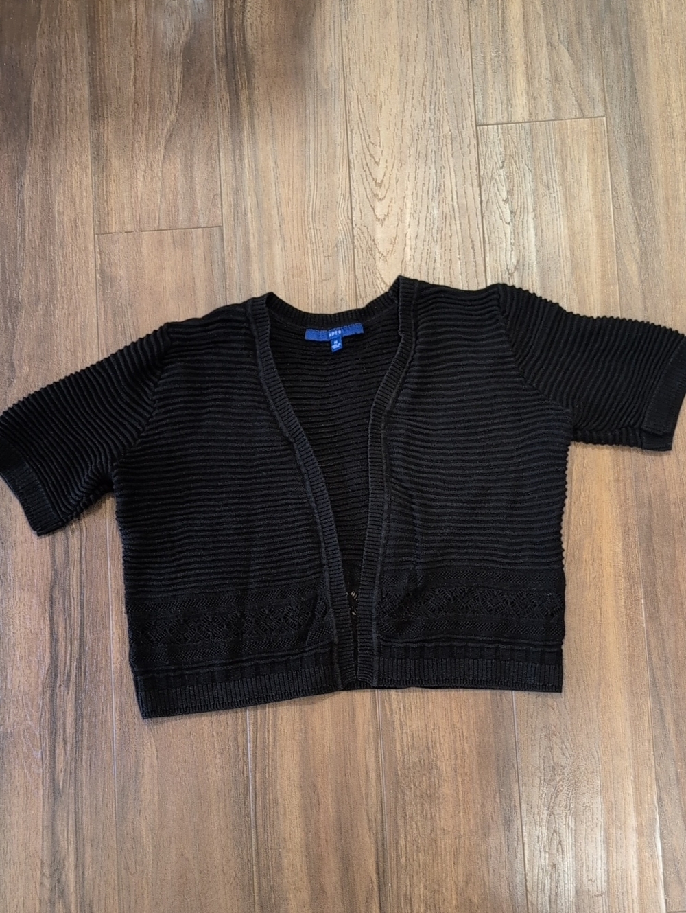 Apt. 9 Black Short-Sleeve Ribbed Open Cardigan Cropped Lace Cotton Trim